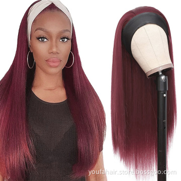 Peruvian Virgin Human Straight Hair Headband Wigs with Adjustable Bands Ombre Color 1B 99J Glueless Headband Wig for Black Women